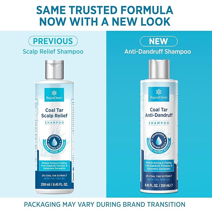 RoyceDerm Coal Tar Dandruff Shampoo: Extra Strength 2% Coal Tar Extract Medicated Gel for Rapid Scalp Hair Relief targets dandruff, psoriasis, and seborrheic dermatitis - Hydrating & Natural Fragrance