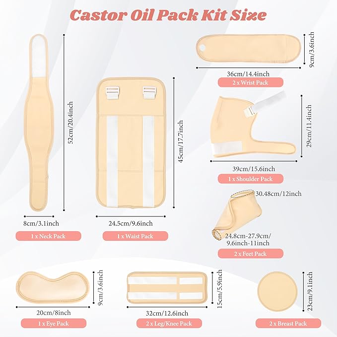 Castor Oil Pack Wrap, 12 Pcs Reusable Castor Oil Pack Kit Organic Cotton for Shoulder Hands Neck Waist Chest Knees and Feet, Adjustable Compress Pads for Entire Body
