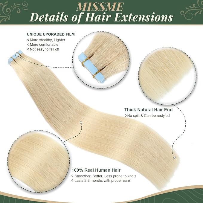Missme Tape in Hair Extensions Human Hair 14 inch 20 Pcs 40g #613 Blonde Tape ins Human Hair Extensions Remy Hair Skin Weft Seamless Invisible Silky Straight Thick Ends Add Length