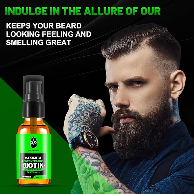 Beard Oil,Maximun Thickening Biotin, with Castor Oil and Argan & Jojoba Oils, Promotes Beard Growth, Styles, Strengthens & Softens Beards & Mustaches,1 Ounce*2(2 Pack)