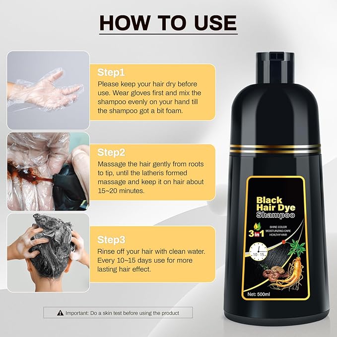 Black Hair Dye Shampoo 3 in 1 Champu Para Canas for Gray Hair Coverage, Natural Herbal Black Hair Color Shampoo for Women, shampoo para pintar el cabello