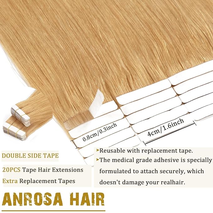 Anrosa Real Human Hair Silky Double Sided Tape in Hair Extensions 50g 20pcs 22 Inch Skin Weft Seamless Remy Tape in Hair Extensions Honey Blonde Color