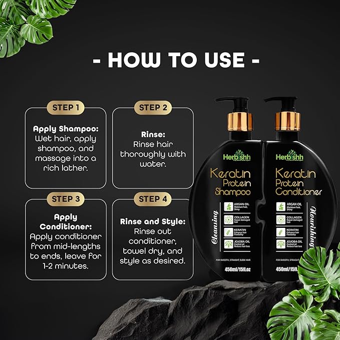 Herbishh Keratin Shampoo and Conditioner Set - Hydrating Shampoo & Nourishing Conditioner for Dry Damaged Hair - Sulfate Free - Plant Based - Set of 2