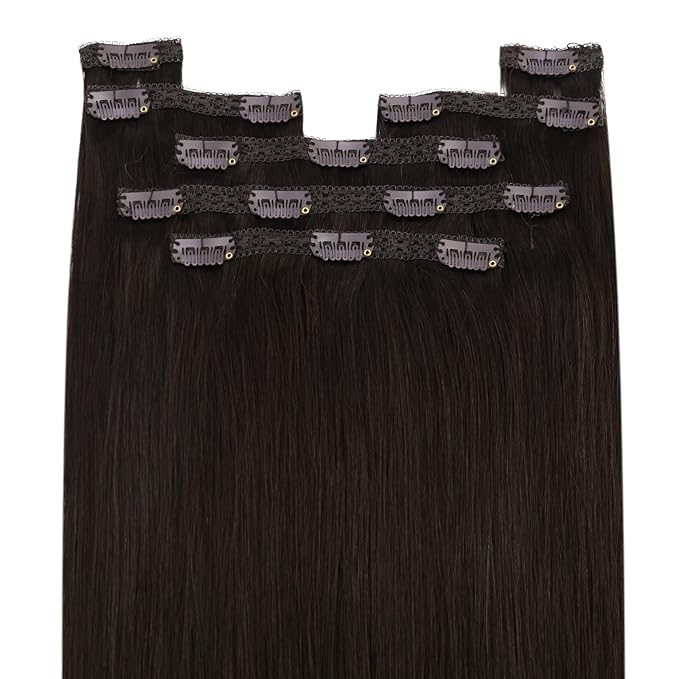 YoungSee Clip in Human Hair Extensions Brown Clip in Extensions Real Human Hair Darkest Brown Human Hair Clip in Extensions Ease to Use 22Inch 7Pcs 120G