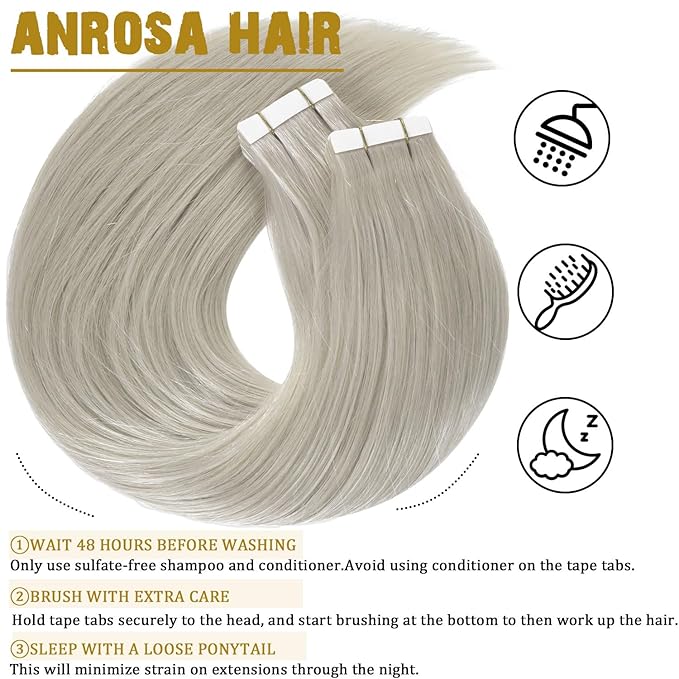 Anrosa Tape in Hair Extensions - Silky Grey Human Hair, Thick End Seamless Invisible for Women - 12 Inch, 50 Gram, 20pcs