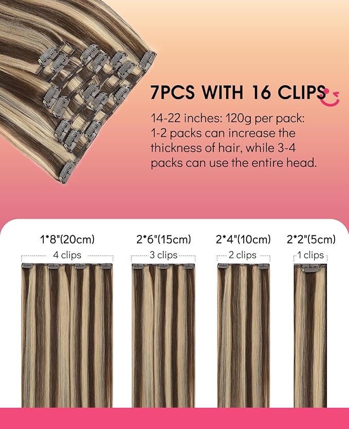 Youngsmile Real Human Hair Clip in Extensions, Clip in Hair Extension Human Hair, Thick End,18 Inch 120 Gram 7Pcs, Chocolate Brown Highlighted mixed Caramel Blonde (CLIP#4P27-18Inch)