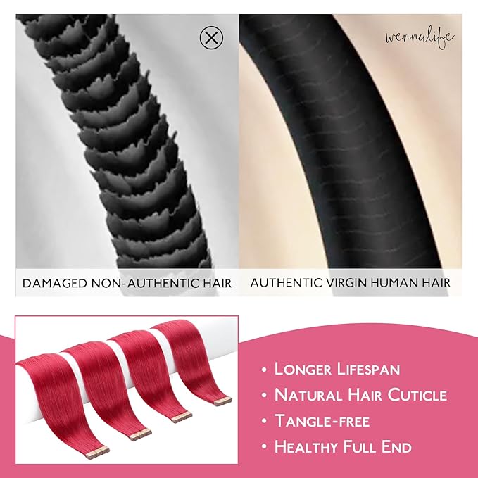 WENNALIFE Tape in Hair Extensions Human Hair Red Tape in Extensions, 10pcs 25g 18 inch Remy Invisible Tape Ins Straight Colored Soft Real Human Hair Tape in Extensions Refill Set Extensions