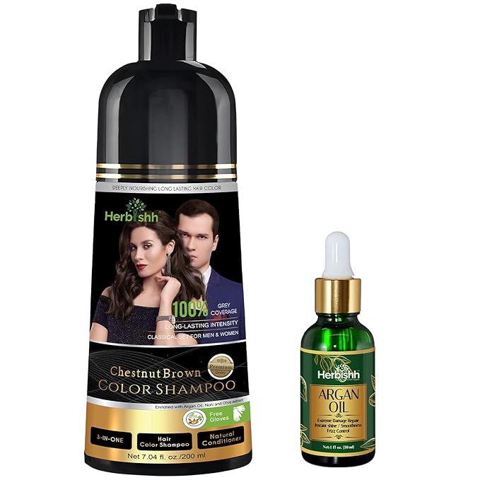 Herbishh Chestnut Brown Hair Dye Shampoo 200ml + Argan Oil 30ml – Grey Coverage & Frizz Control Combo – 3-in-1 Color, Cleanse & Repair