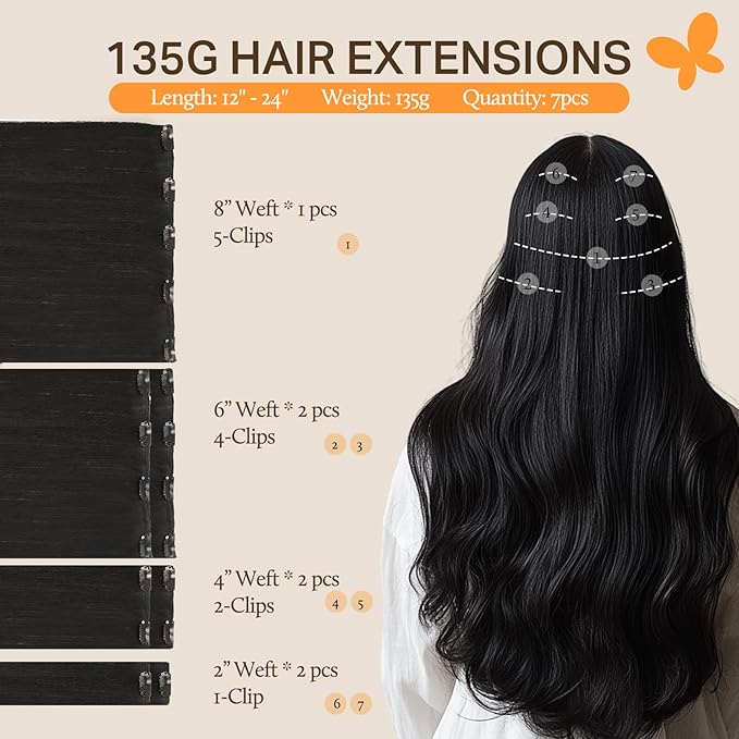 DOORES Hair Extensions Clip in Human Hair, Natural Black 135g 7pcs 16 Inch, Thick Remy Clip in Hair Extensions for Women Straight Weft