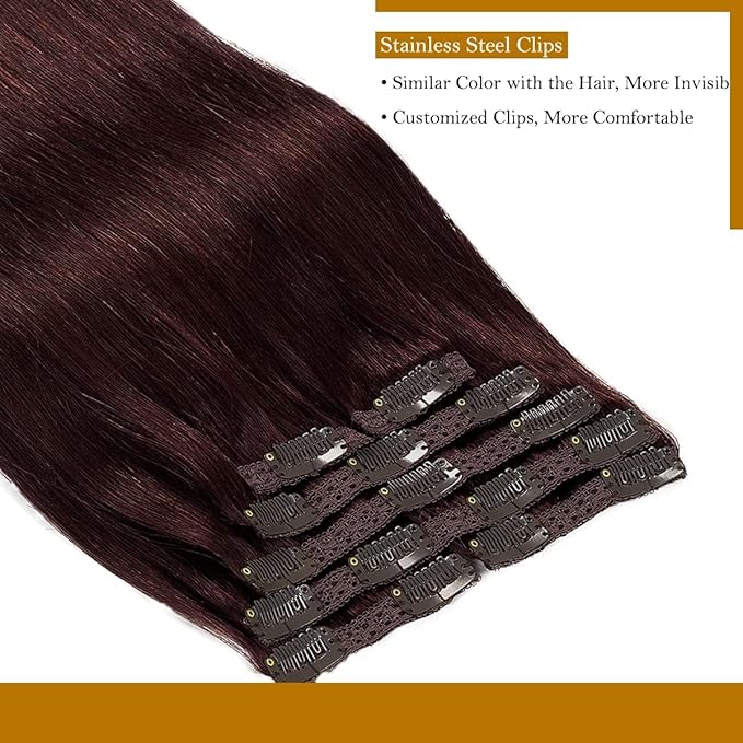 Loxxy 14Inch Hair Extensions Seamless Clip in Human Hair 9A Grade Brazilian Human Hair Extension Red Wine #99J Silky Straight Natural Hair Extensions Clip in Double Weft Human Hair 7pcs 16 Clips 120G