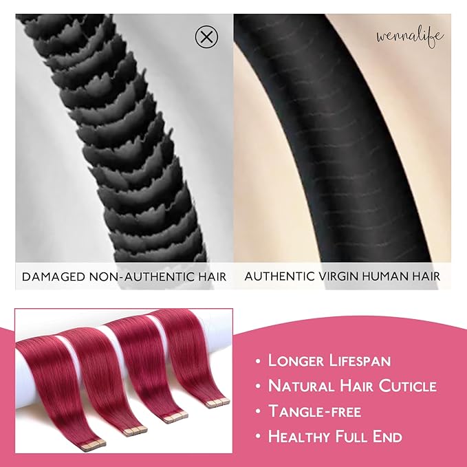 WENNALIFE Tape in Hair Extensions Human Hair Burgundy Red Tape in Extensions, 10pcs 20g 12 inch Remy Invisible Tape Ins Straight Colored Soft Real Human Hair Tape in Extensions Refill Set Extensions