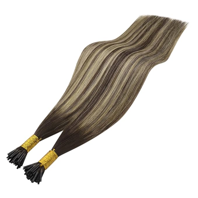 YoungSee Itip Human Hair Extensions Balayage Tip Hair Extensions Ombre Dark Brown with Ash Blonde I Tips Hair Extension for Women 80s I-Tips Extensions Real Human Hair Silky Straight 16Inch 50g