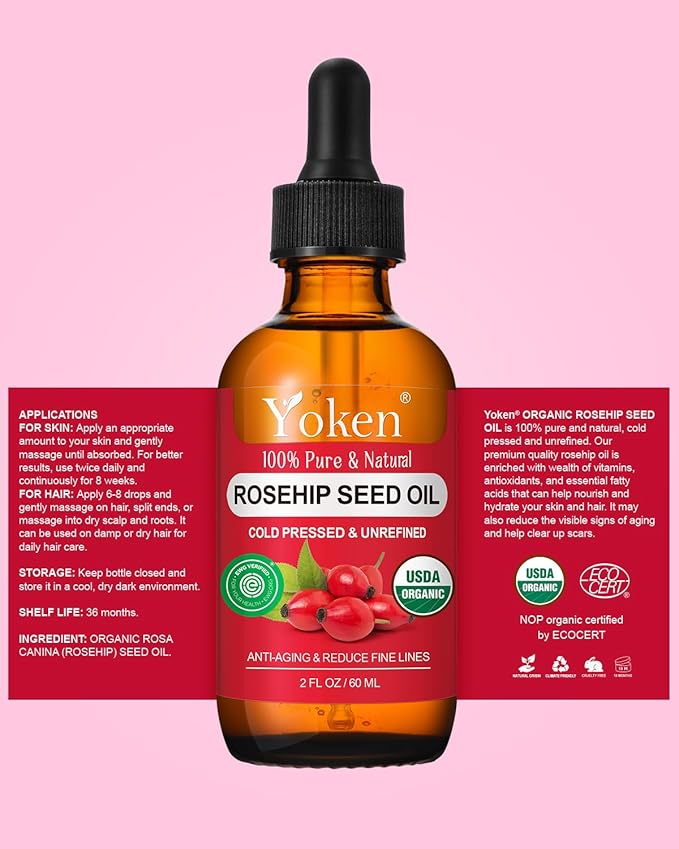 Organic Rosehip Seed Oil for Face,100% USDA Pure Rosehip Oils for Skin,Scars,Hair & Nails.2 fl Oz Cold Pressed Rose HIPS Oils for Skin Care, Anti-Aging, Scar Treatment, GUA SHA Massage Carrier Oil