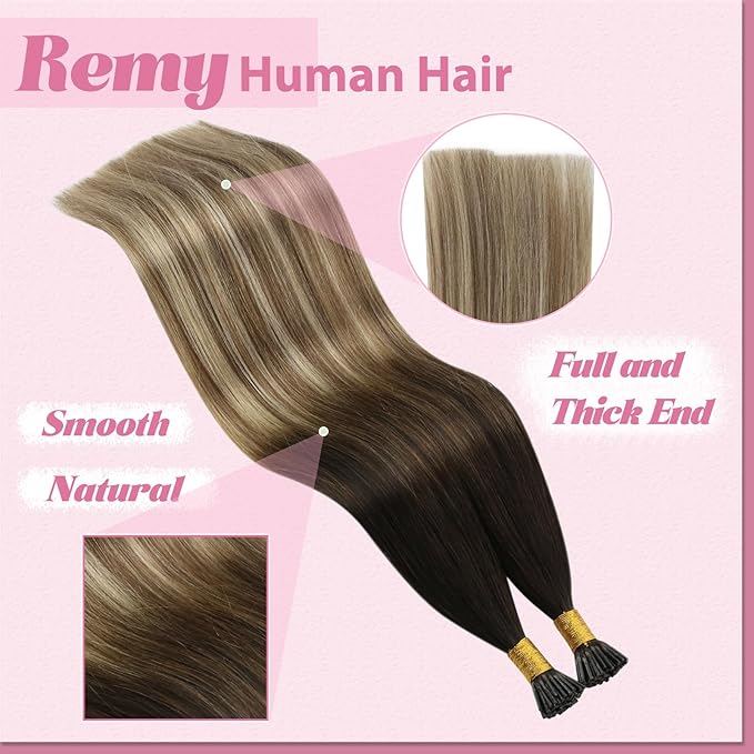 YoungSee Itip Human Hair Extensions Balayage I Tip Extensions Ombre Dark Brown to Medium Brown with Blonde Tip Hair Extensions Real Human Hair for Short Hair 14In Remy Hair Extension for Women 80s 50g