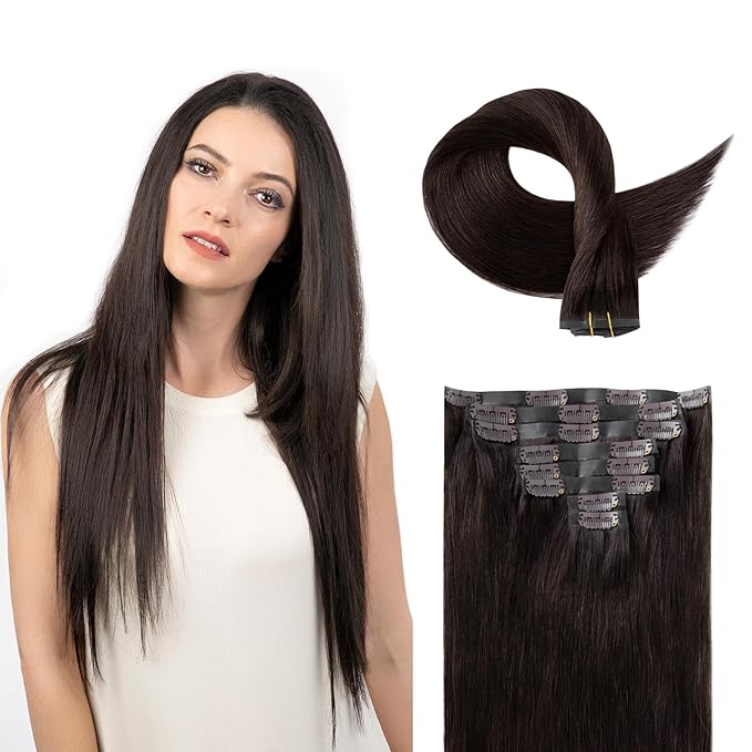 Clip in Hair Extensions Real Human Hair Dark Brown Seamless Clip In 100% Remy Hair Extensions PU Skin Weft Add Volume Thick&Invisible #2 22Inch 120G 8PCS