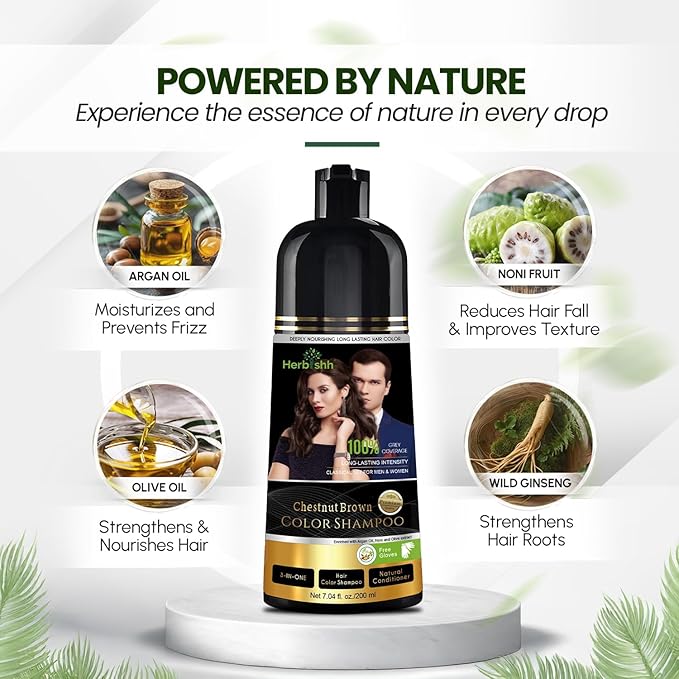Herbishh Chestnut Brown Hair Dye Shampoo 200ml + Argan Oil 30ml – Grey Coverage & Frizz Control Combo – 3-in-1 Color, Cleanse & Repair