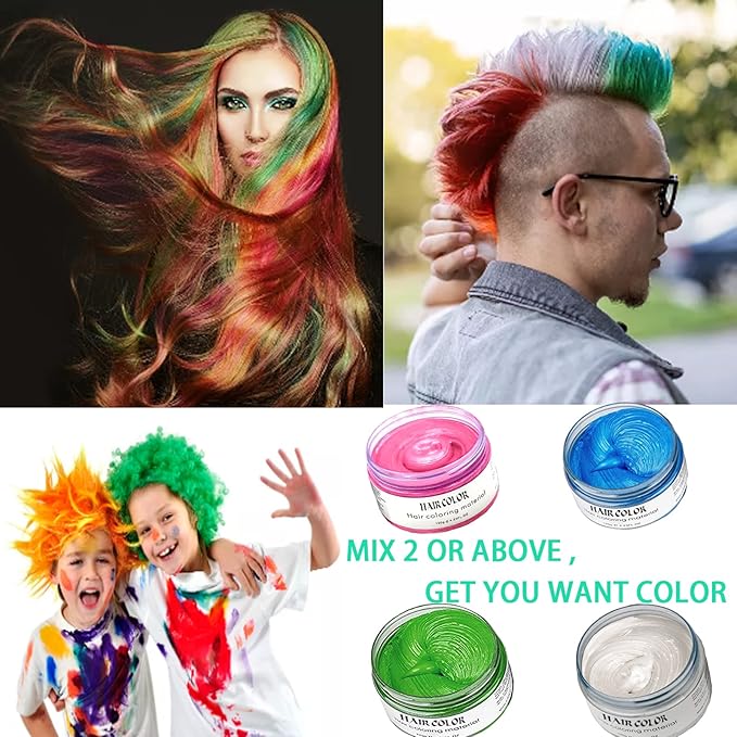 Temporary Hair Color Spray, Natural Hair Coloring Wax Material Disposable Hair Styling Clay Ash for Cosplay, Party, Masquerade, Halloween (Blue, White, Green, Pink, 1 Pack)
