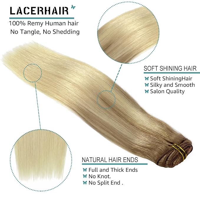 Lacer Balayage Clip in Hair Extensions B#8/60 Light Brown Fading to Platinum Blonde Color Remy Human Hair Extensions Clip in Real Natural Hair Extensions Straight Thick 140g 22 Inch