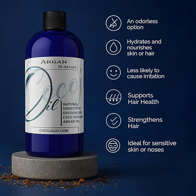 Cocojojo Deodorized Argan Oil for Hair Treatment Oils, Pure Argan Oil for Face, Unrefined Unscented Cold Pressed Extra Virgin - 32 Oz (Pack of 1) - Packaging May Vary