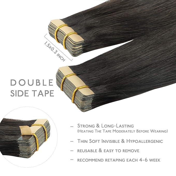 WENNALIFE Tape in Hair Extensions Human Hair, 20pcs 50g 22 inch Natural Black Remy Hair Extensions Straight Human Hair Tape in Extensions Skin Weft Tape Extensions Human Hair