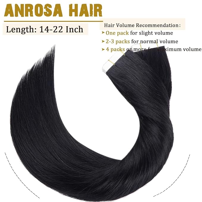 Anrosa Real Human Hair Tape in Extensions Black 20Inch Double Sided Tape for Skin Weft Hair Extensions 50Gram Color Jet Black Seamless Tape in Hair Extensions Straight Human Hair 20Pcs Silky