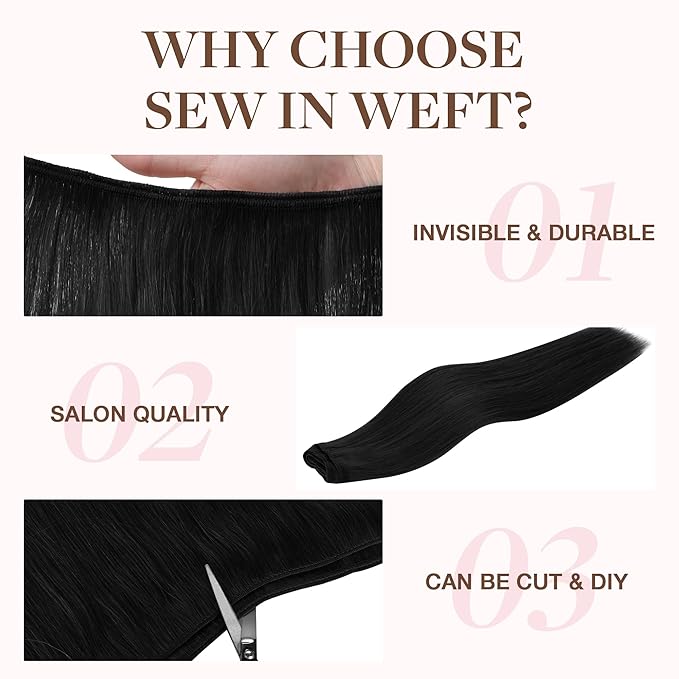GOO GOO Sew in Hair Extensions Real Human Hair, Weft Hair Extensions Human Hair, 1 Jet black 14inch 80g, Weft Bundles Straight Silky Remy Hair