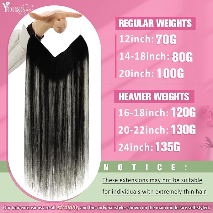 YoungSee Wire Hair Extensions Real Human Hair Ombre Secret Wire Human Hair Extensions Blend of Black and Silver with Black Roots Natural Hair Extensions Human Hair Silky Smooth Hair Extension 14In 80G