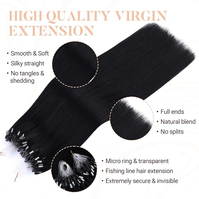 MAXITA Microlink Hair Extensions Human Hair, Jet Black Micro Bead Hair Extensions Virgin Human Hair, 50g/50 Strands/Pack, 14 In