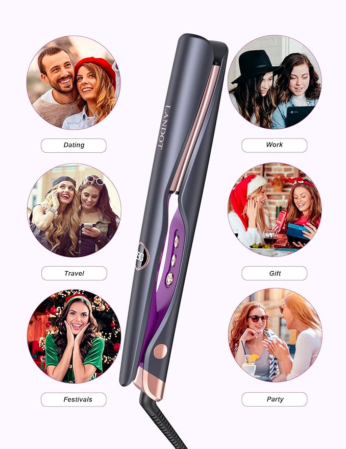 LANDOT 2-in-1 Hair Straightener and Curler - Twist Flat Iron Curling Iron for Smooth Curls & Sleek Straight Salon Results - Dual Voltage Ceramic Straightener Adjustable Temp for All Hair Types