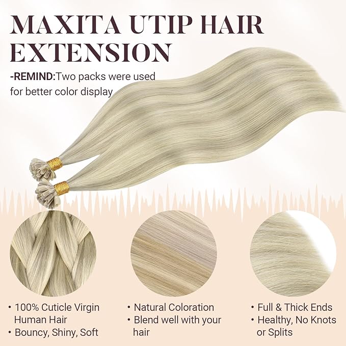 MAXITA U Tip Hair Extensions Human Hair, Ash Blonde Highlighted Platinum Blonde Hair Extensions Real Human Hair, 50g/50 Strands/Pack, 18 In Virgin Human Hair