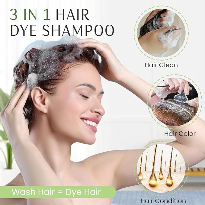 Black Hair Dye Shampoo 3 in 1, Natural Instant Hair Color Shampoo for Women Men 100% Gray Hair Coverage Champu Para Canas Mujer, Lasting 3-4 Weeks & Easy to Use & All Hair Types & Root Touch Up, 500ml