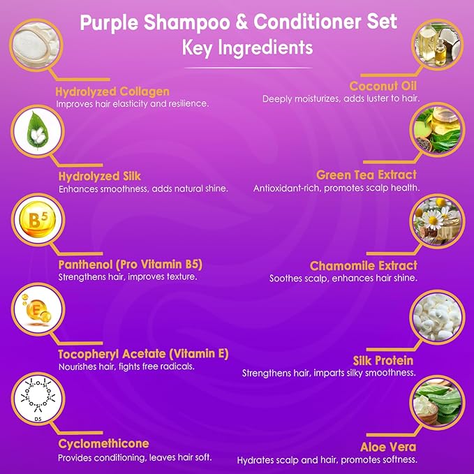 Purple Shampoo and Conditioner Set - Sulfate Free, Enriched with Coconut Oil & Aloe Vera, Ideal for Blonde, Gray, Brassy & Color Treated Hair, Nourishes & Hydrates - 16 fl oz each