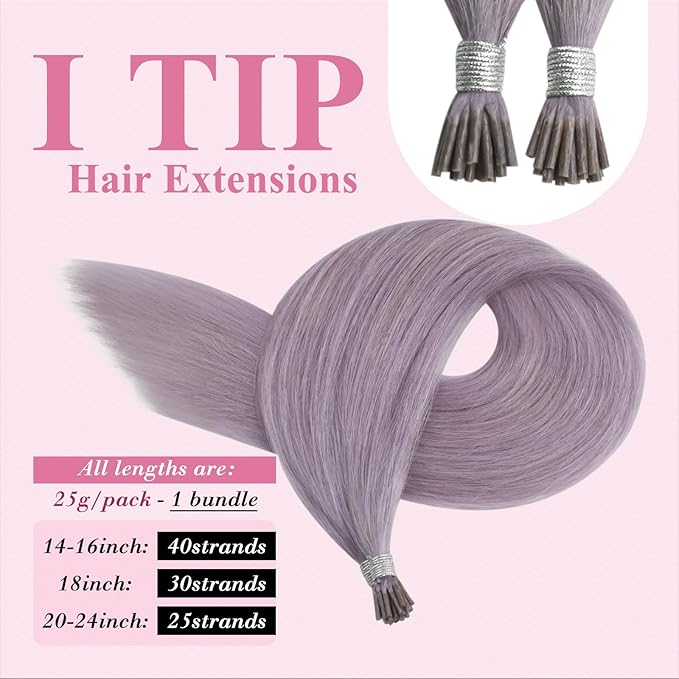 YoungSee Itip Hair Extension Real Human Hair Purple Itips Hair Extensions Real Human Hair Light Purple 24 Inch Tip Hair Extensions Color for Long Hair 25s 25g Stick Tip Hair Extensions Soft and Silky