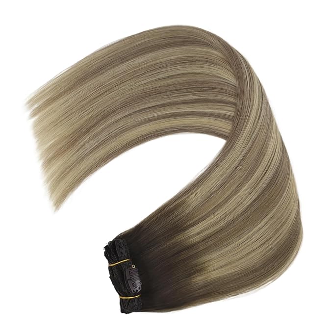 YoungSee 150G Clip in Real Hair Extensions Brown Clip on Hair Extensions Dark Brown Ombre Light Brown with Blonde Soft and Silky for Casual Outings 22inch 7pcs
