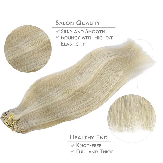 WENNALIFE Clip in Hair Extensions, 14 Inch 120g 7pcs Ash Blonde Highlighted Platinum Blonde Hair Extensions Clip in Human Hair Remy Clip in Hair Extensions Real Human Hair Double Weft