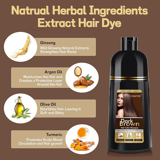 Dark Brown Hair Dye Shampoo, Hair Color Shampoo for Women, 3 in 1 Hair Dye for Gray Hair 100% Grey Hair Coverage/Instant/Herbal Ingredients 17.6 OZ