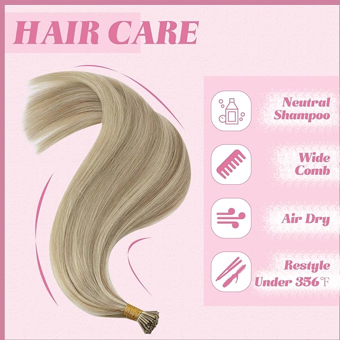 YoungSee I Tip Hair Extensions Blonde Itip Hair Extensions Real Human Hair Blonde Mix Golden Blond Highlight Itip Human Hair Extension Silky Straight 20 Inch 50g 50s