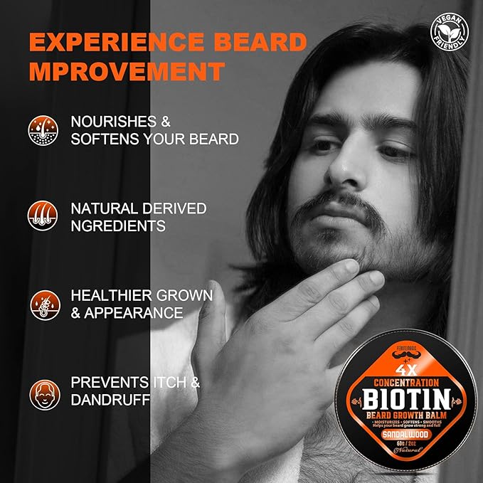 Biotin Beard Growth Balm for Men – Conditioning Balm with Castor, Shea & Jojoba Oils to Condition, Soften & Thicken Facial Hair – Non-Greasy, Sandalwood Scent – 2 oz Grooming Kit