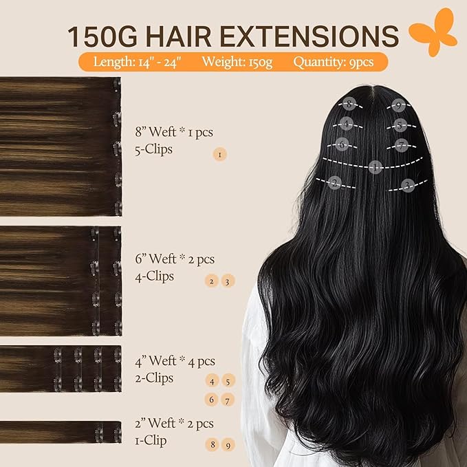DOORES Clip in Hair Extensions Real Human Hair, Balayage Dark Brown to Chestnut Brown 24 Inch 9pcs 150g, Clip in Remy Extensions Natural Thick Straight Weft