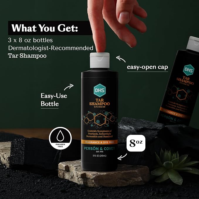 DHS Person & Covey, Inc Coal Tar Shampoo - Dandruff Shampoo for Men & Women, Psoriasis & Dandruff Hair Care for Itchy Scalp, Unscented Seborrheic Dermatitis Hair Care - 8 Fl Oz, Pack of 3