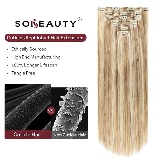 Clip in Hair Extensions Real Human Hair, Silky Remy Hair Extensions Clip Ins, Salon Quality Natural Human Hair, Light Blonde Highlighted Golden Blonde #P16/22 18Inch 120G 7PCS