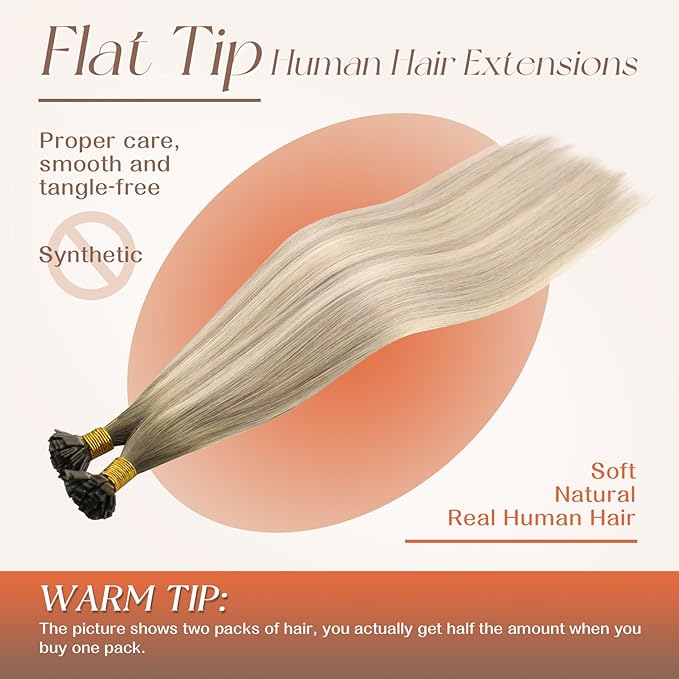 Sunny Hair Flat Tips Hair Extensions Blonde Keratin Hair Extensions Human Hair Balayage Cool Ash Grey Ombre Platinum Blonde Pre Bonded Hair Extensions Flat Tip 18inch 50g 50s