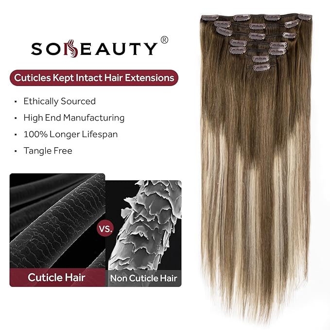 Clip in Hair Extensions Real Human Hair, Silky Straight Remy Hair Extensions for Women, Balayage Walnut Brown to Ash Brown and Bleach Blonde #3TP8/613 18Inch 120G 7PCS
