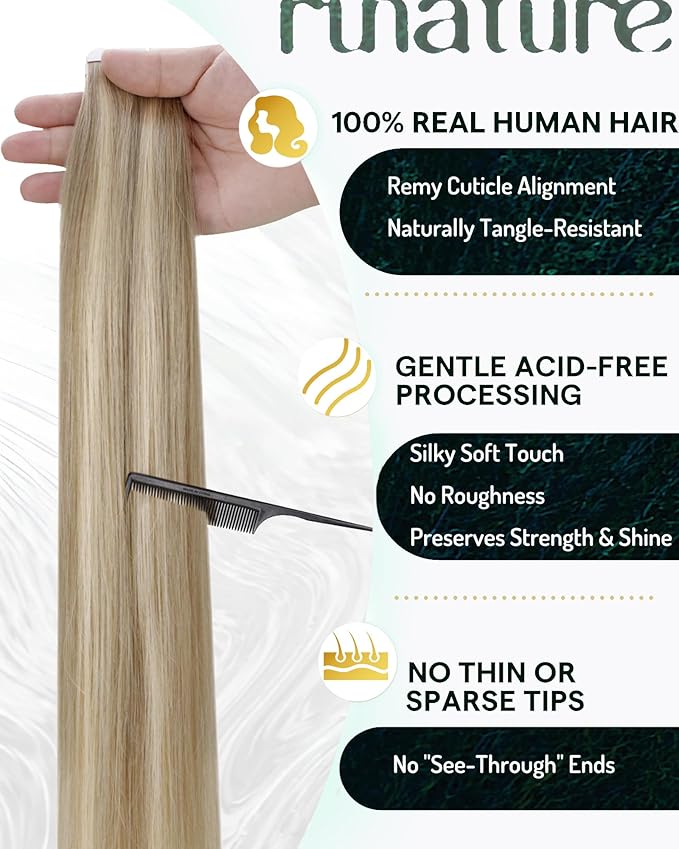RUNATURE Human Hair Tape in Extensions Ash Blonde Mix Light Blonde Invisible Tape in Hair Extensions Human Hair 18 Inch Double Sided Remy Tape ins Human Hair Extension Silky Full Ends 50g 20pcs