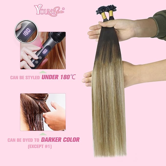 YoungSee K Tip Hair Extensions Real Human Hair Balayage Ktip Extensions Ombre Dark Brown Roots to Blonde K Tips Human Hair Extensions for Long Hair 24Inch 50s/50g Pre Bonded Hair Extensions Add Length