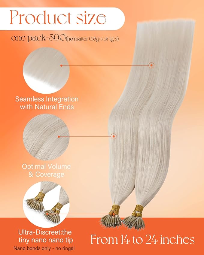 Sunny Hair Nano Bead Hair Extensions Human Hair Blonde Nano Hair Extensions 16inch Nano Ring Hair Extensions Human Hair for Wedding 50g