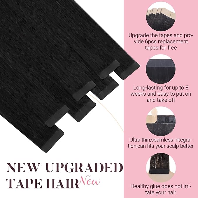 MAXITA Tape in Hair Extensions Human Hair 1B Natural Black 22 Inch 100g 40pcs Thick Ends Remy Human Hair Seamless Straight Hair Extensions Invisible Tape in Extensions Human Hair