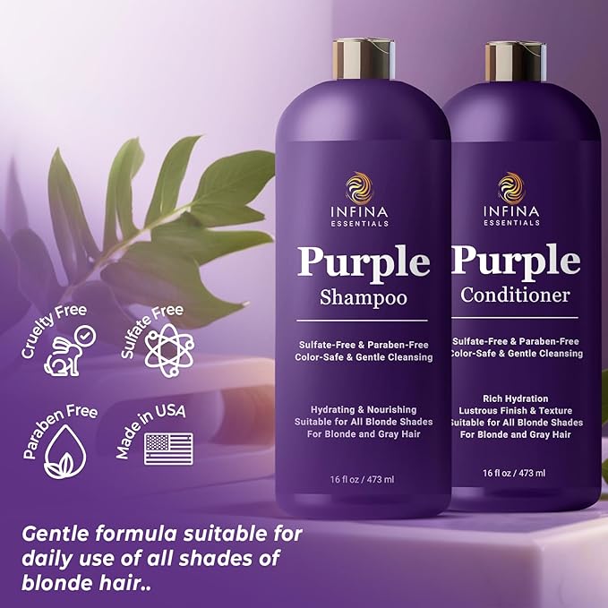 Purple Shampoo and Conditioner Set - Sulfate Free, Enriched with Coconut Oil & Aloe Vera, Ideal for Blonde, Gray, Brassy & Color Treated Hair, Nourishes & Hydrates - 16 fl oz each