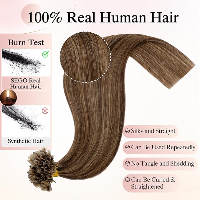 U Tip Hair Extensions Human Hair Pre Bonded Extensions Keratin Fusion Extensions K Tip Hair Extensions Real Human Hair Silky Straight Natural 50g/100 Stands 14" Medium Brown Mix Dark Blonde