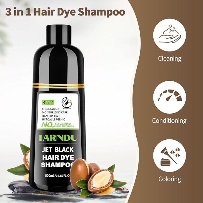 Jet Black Hair Dye Shampoo Ammonia-free & PPD-free, Natural Herbal Ingredients 3 in 1 Hair Color Shampoo for Women Men Gray Hair Coverage